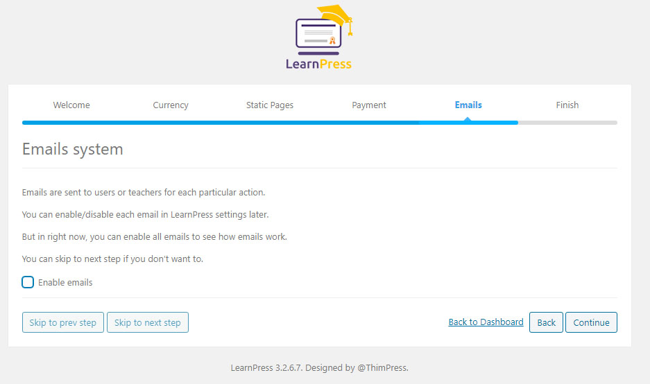 LearnPress setup wizard - emailek beállítása