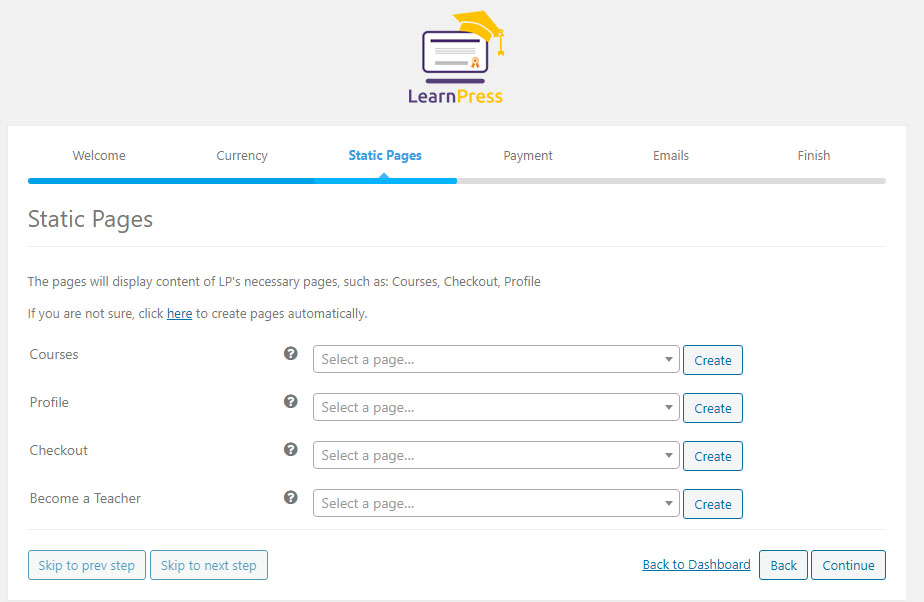 LearnPress kurzushoz tartozó oldalak kiválasztása, vagy létrehozása, vagy automatikus generálása