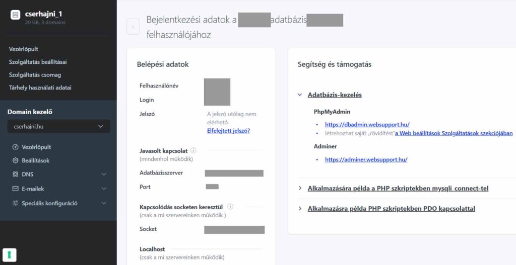 adatbázis kapcsolati adatok