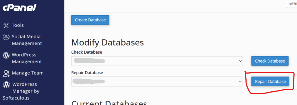 Repair database cPanel felületen keresztül