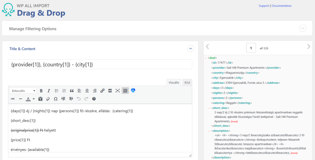 WP All Import plugin drag-and-drop felülete